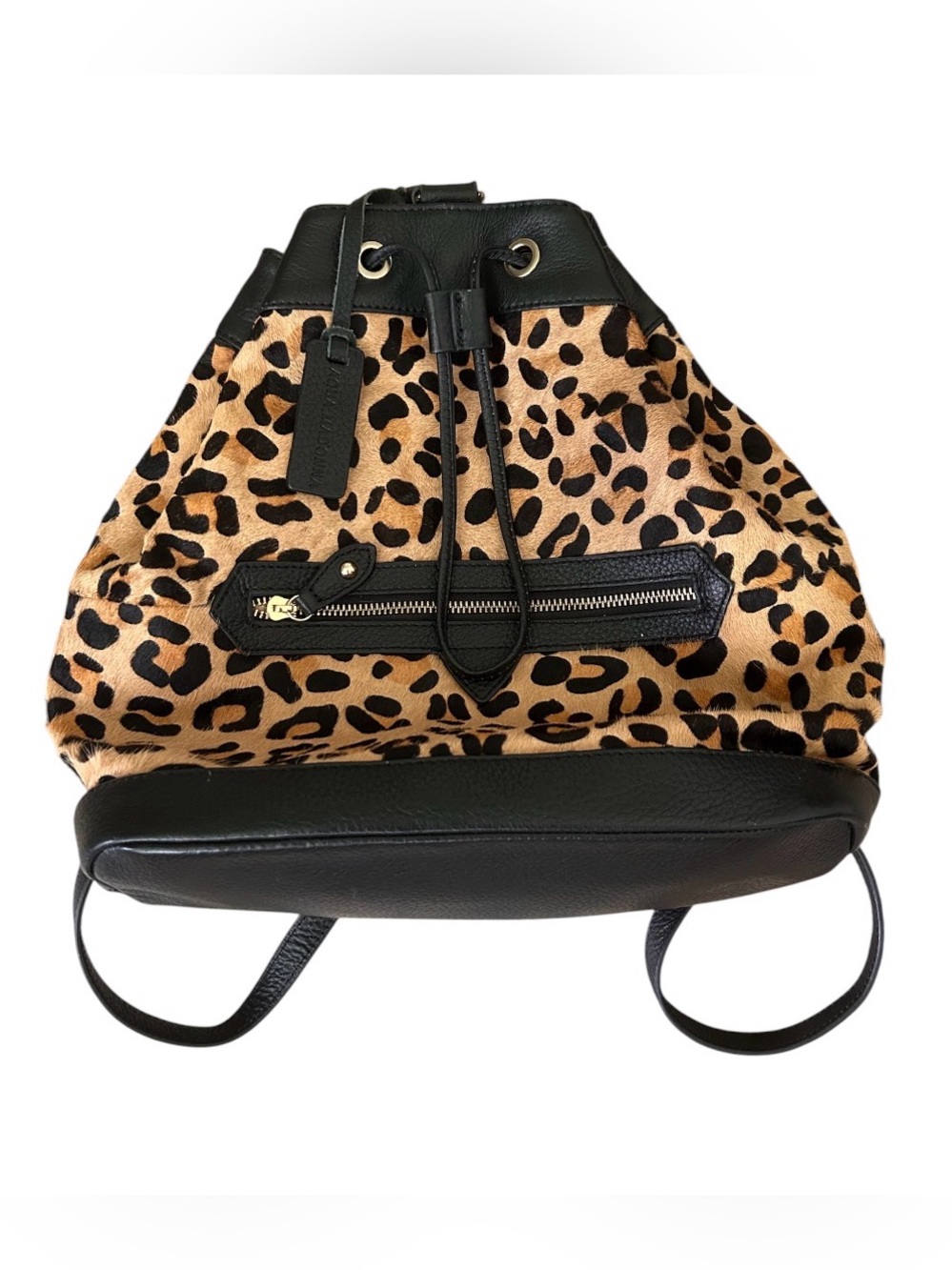 Aqua Madonna Black Leopard Leather Calf Hair Backpack Handbag Hobo MSRP $335